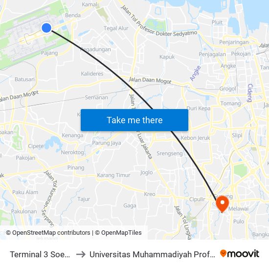 Terminal 3 Soekarno-Hatta to Universitas Muhammadiyah Prof. Dr. Hamka (Uhamka) map