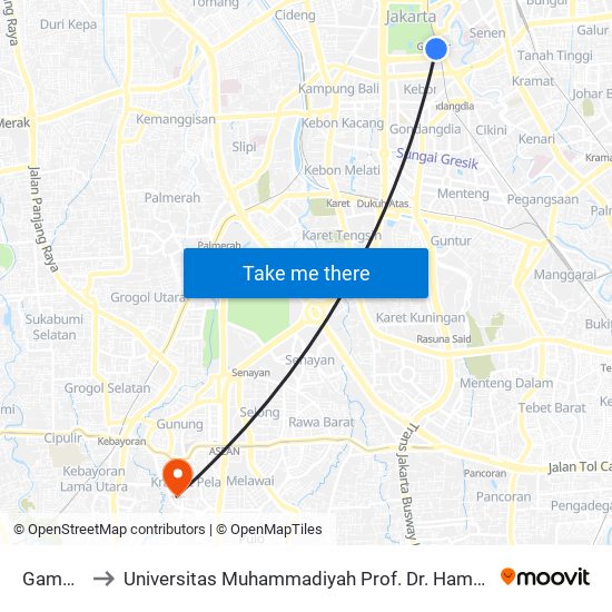 Gambir 2 to Universitas Muhammadiyah Prof. Dr. Hamka (Uhamka) map