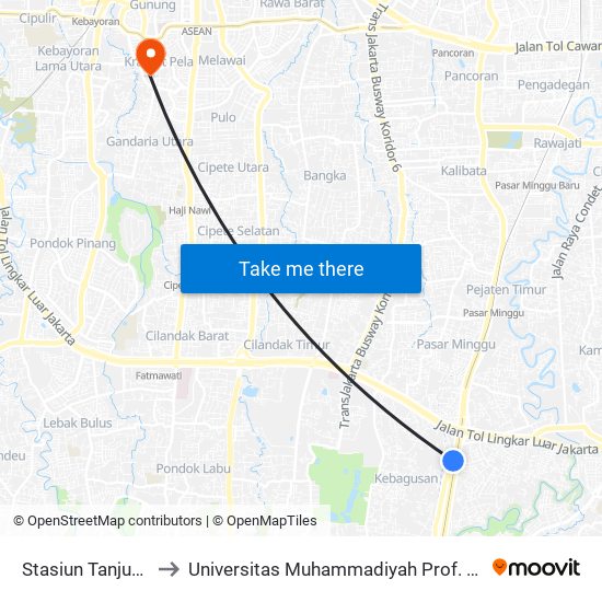 Stasiun Tanjung Barat 2 to Universitas Muhammadiyah Prof. Dr. Hamka (Uhamka) map
