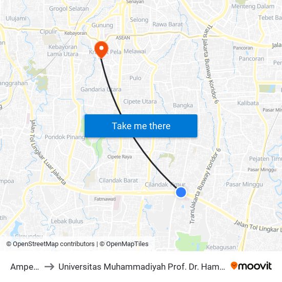 Ampera 1 to Universitas Muhammadiyah Prof. Dr. Hamka (Uhamka) map