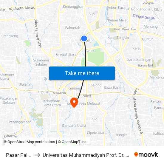 Pasar Palmerah to Universitas Muhammadiyah Prof. Dr. Hamka (Uhamka) map