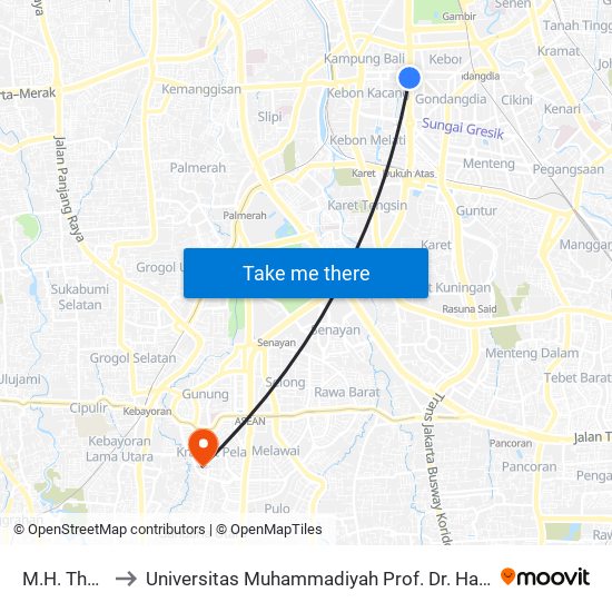 M.H. Thamrin to Universitas Muhammadiyah Prof. Dr. Hamka (Uhamka) map