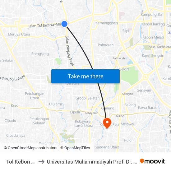 Tol Kebon Jeruk 1 to Universitas Muhammadiyah Prof. Dr. Hamka (Uhamka) map