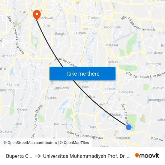 Buperta Cibubur to Universitas Muhammadiyah Prof. Dr. Hamka (Uhamka) map
