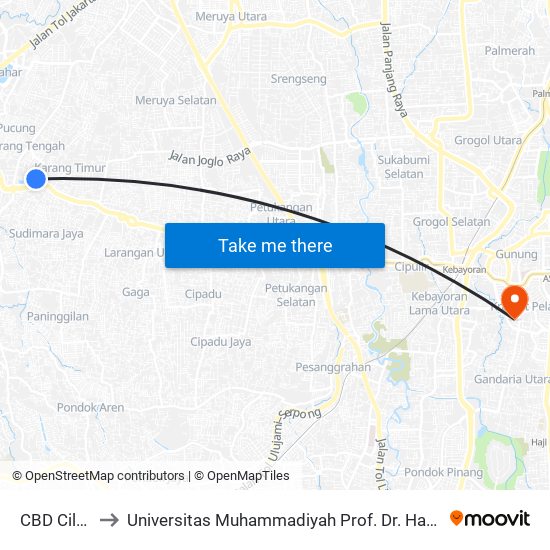 CBD Ciledug to Universitas Muhammadiyah Prof. Dr. Hamka (Uhamka) map