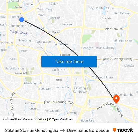 Selatan Stasiun Gondangdia to Universitas Borobudur map