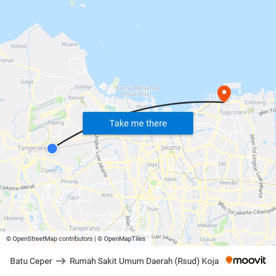 Batu Ceper to Rumah Sakit Umum Daerah (Rsud) Koja map