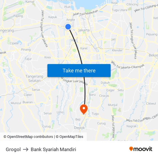 Grogol to Bank Syariah Mandiri map