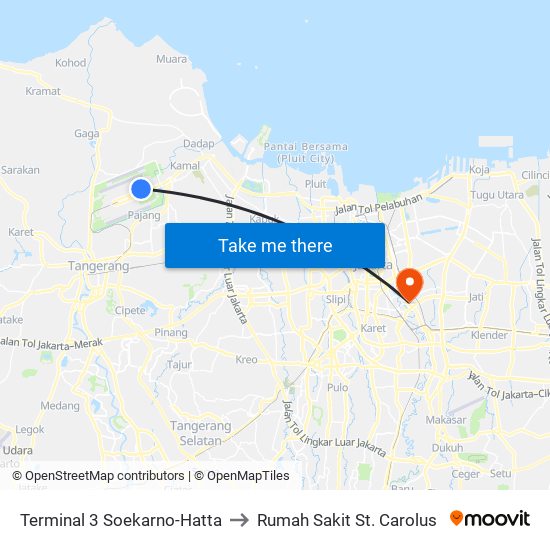 Terminal 3 Soekarno-Hatta to Rumah Sakit St. Carolus map