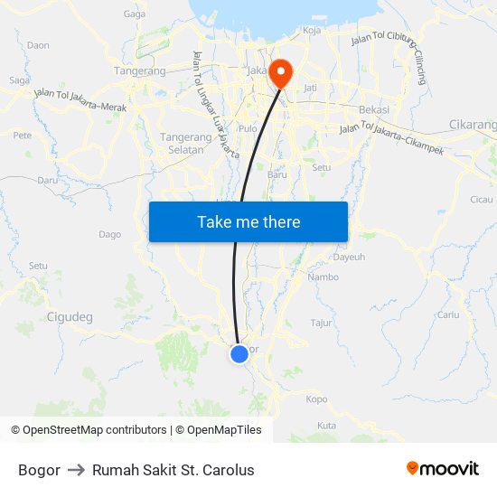 Bogor to Rumah Sakit St. Carolus map