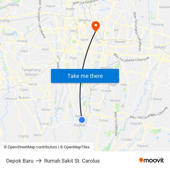 Depok Baru to Rumah Sakit St. Carolus map