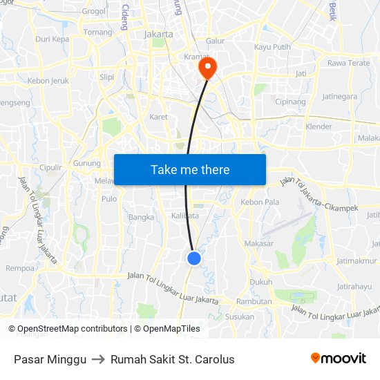 Pasar Minggu to Rumah Sakit St. Carolus map