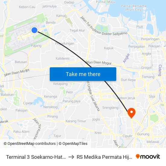 Terminal 3 Soekarno-Hatta to RS Medika Permata Hijau map