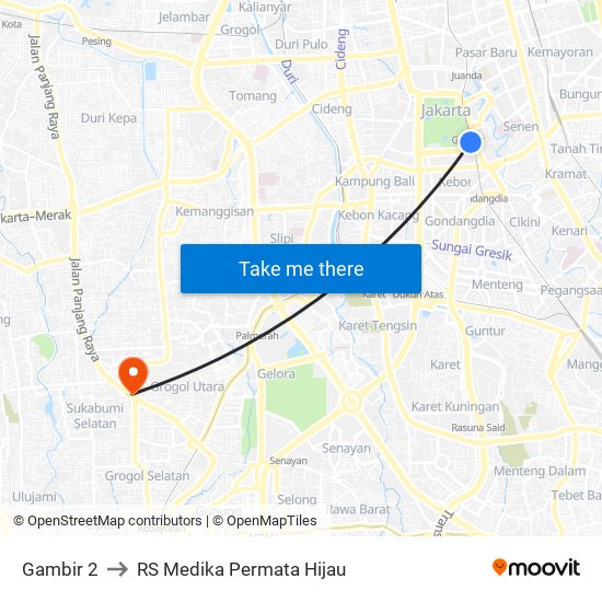 Gambir 2 to RS Medika Permata Hijau map