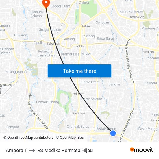 Ampera 1 to RS Medika Permata Hijau map