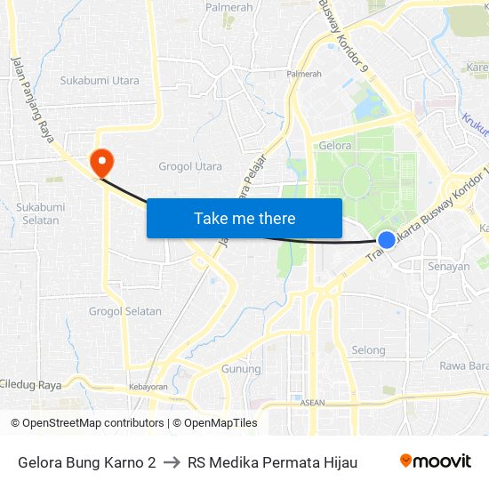 Gelora Bung Karno 2 to RS Medika Permata Hijau map