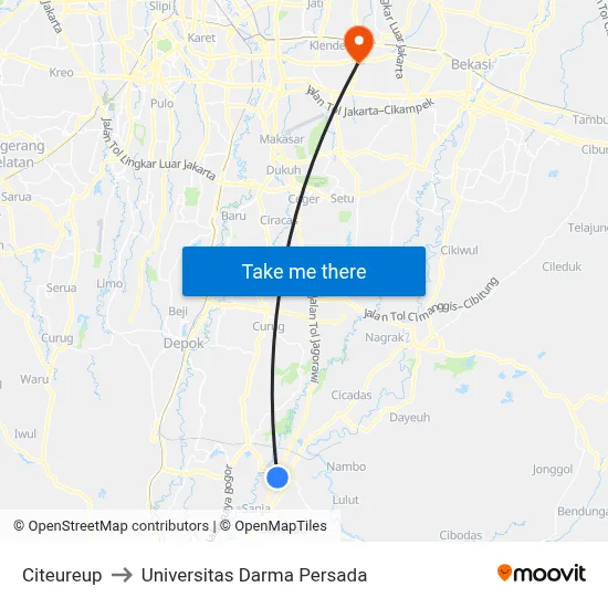 Citeureup to Universitas Darma Persada map