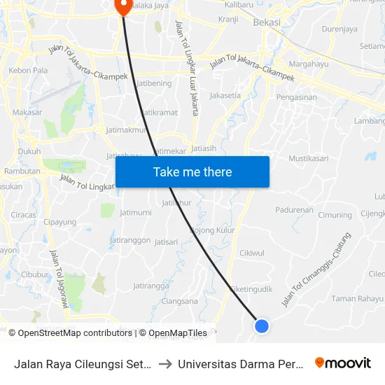 Jalan Raya Cileungsi Setu 14 to Universitas Darma Persada map