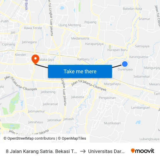 8 Jalan Karang Satria. Bekasi Timur. Kota Bekasi to Universitas Darma Persada map