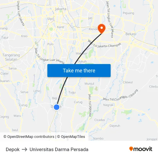 Depok to Universitas Darma Persada map