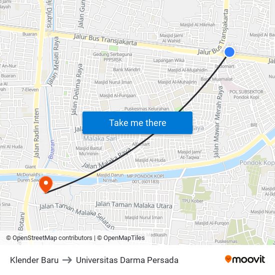 Klender Baru to Universitas Darma Persada map