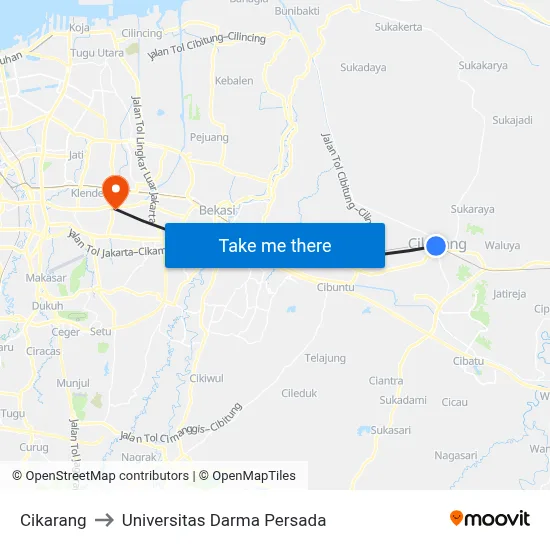 Cikarang to Universitas Darma Persada map