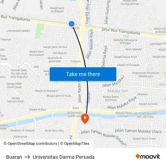 Buaran to Universitas Darma Persada map