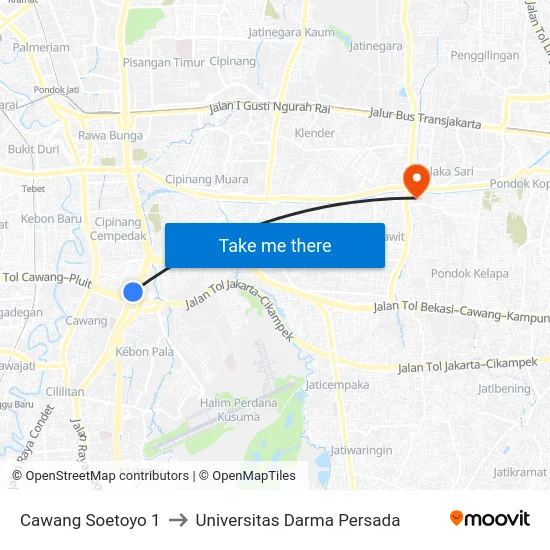 Cawang Soetoyo 1 to Universitas Darma Persada map