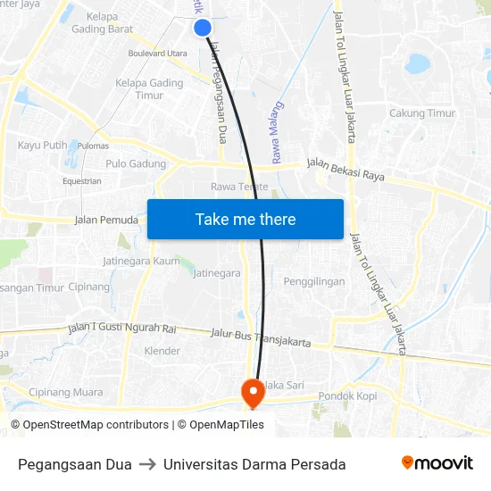Pegangsaan Dua to Universitas Darma Persada map