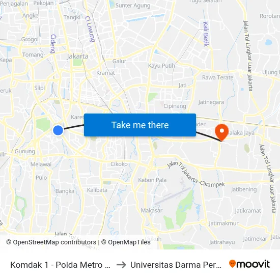 Komdak 1 - Polda Metro Jaya to Universitas Darma Persada map