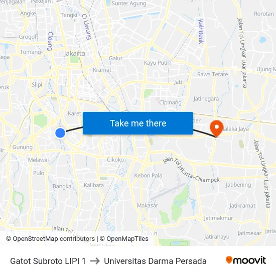 Gatot Subroto LIPI 1 to Universitas Darma Persada map