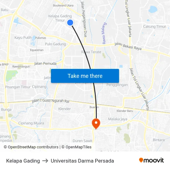 Kelapa Gading to Universitas Darma Persada map