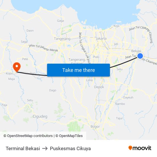 Terminal Bekasi to Puskesmas Cikuya map