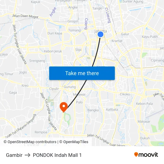 Gambir to PONDOK Indah Mall 1 map