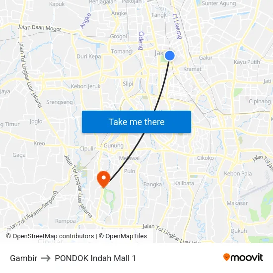 Gambir to PONDOK Indah Mall 1 map