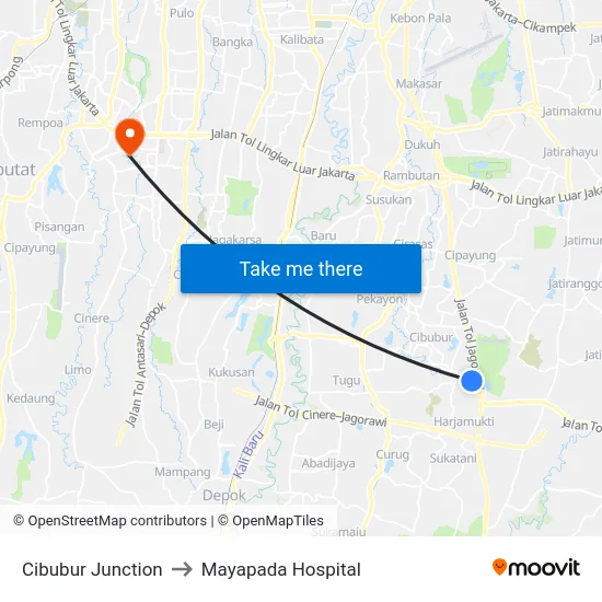 Cibubur Junction to Mayapada Hospital map