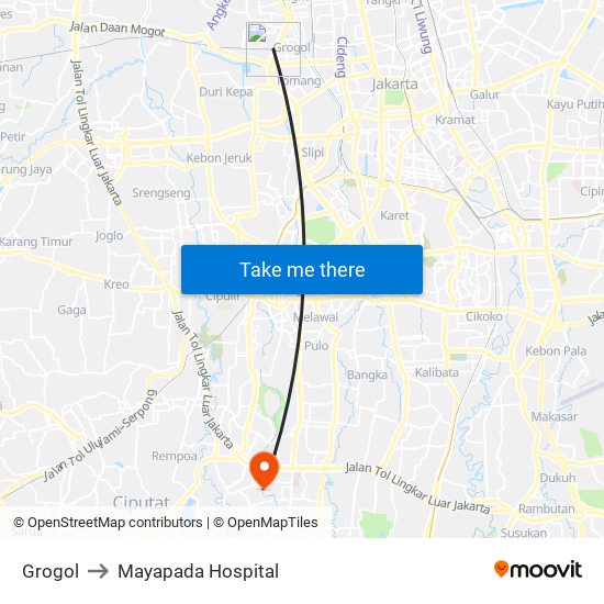 Grogol to Mayapada Hospital map