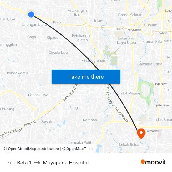 Puri Beta 1 to Mayapada Hospital map