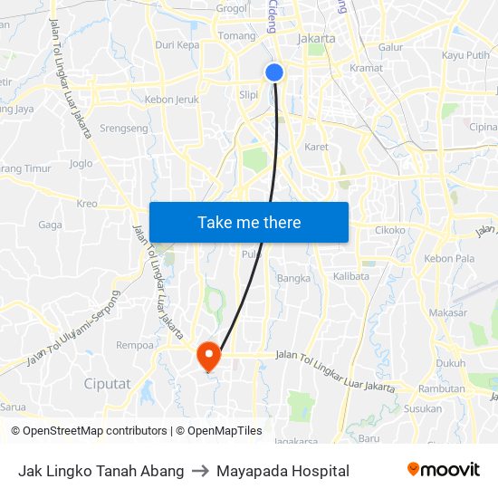 Jak Lingko Tanah Abang to Mayapada Hospital map