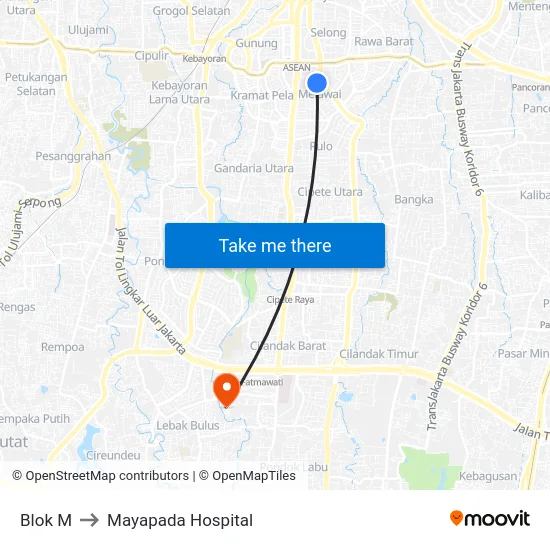 Blok M to Mayapada Hospital map
