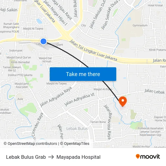 Lebak Bulus Grab to Mayapada Hospital map