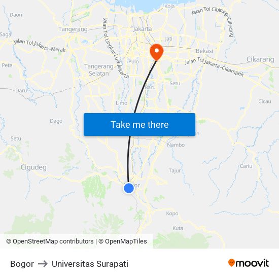 Bogor to Universitas Surapati map
