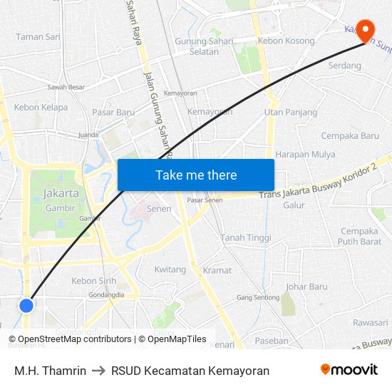 M.H. Thamrin to RSUD Kecamatan Kemayoran map