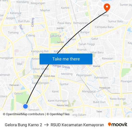 Gelora Bung Karno 2 to RSUD Kecamatan Kemayoran map