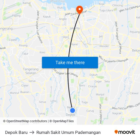 Depok Baru to Rumah Sakit Umum Pademangan map