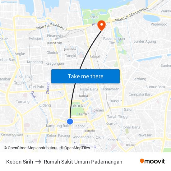 Kebon Sirih to Rumah Sakit Umum Pademangan map