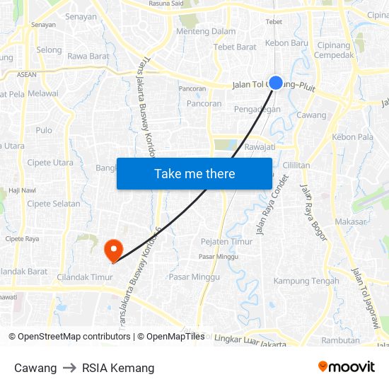 Cawang to RSIA Kemang map