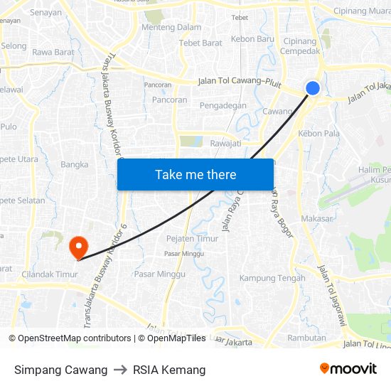 Simpang Cawang to RSIA Kemang map