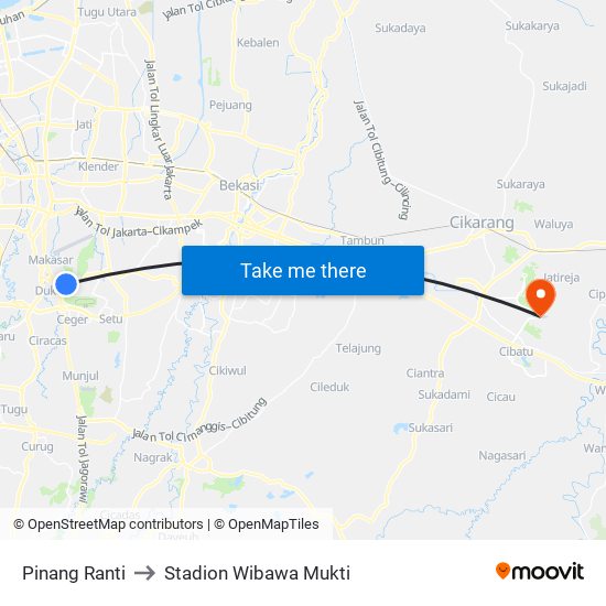 Pinang Ranti to Stadion Wibawa Mukti map