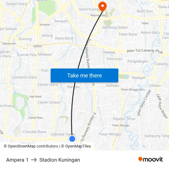 Ampera 1 to Stadion Kuningan map
